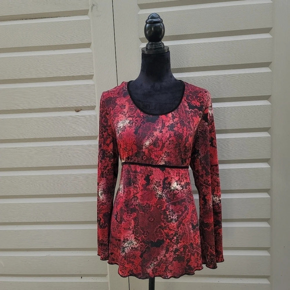 Motherhood Maternity Blouse Red Black Stretch back belt floral XL - Picture 1 of 6
